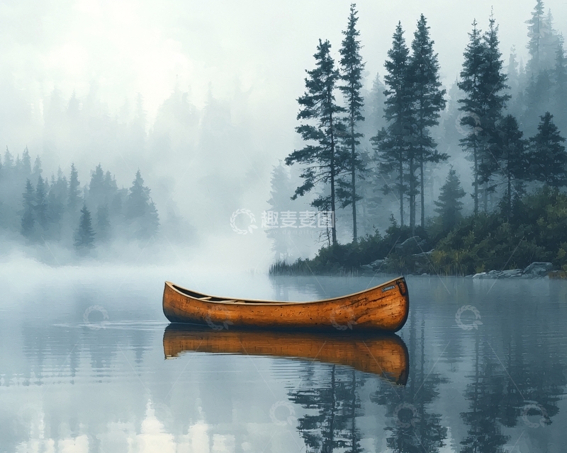 高清大图下载【趣麦麦图】雾中独木舟