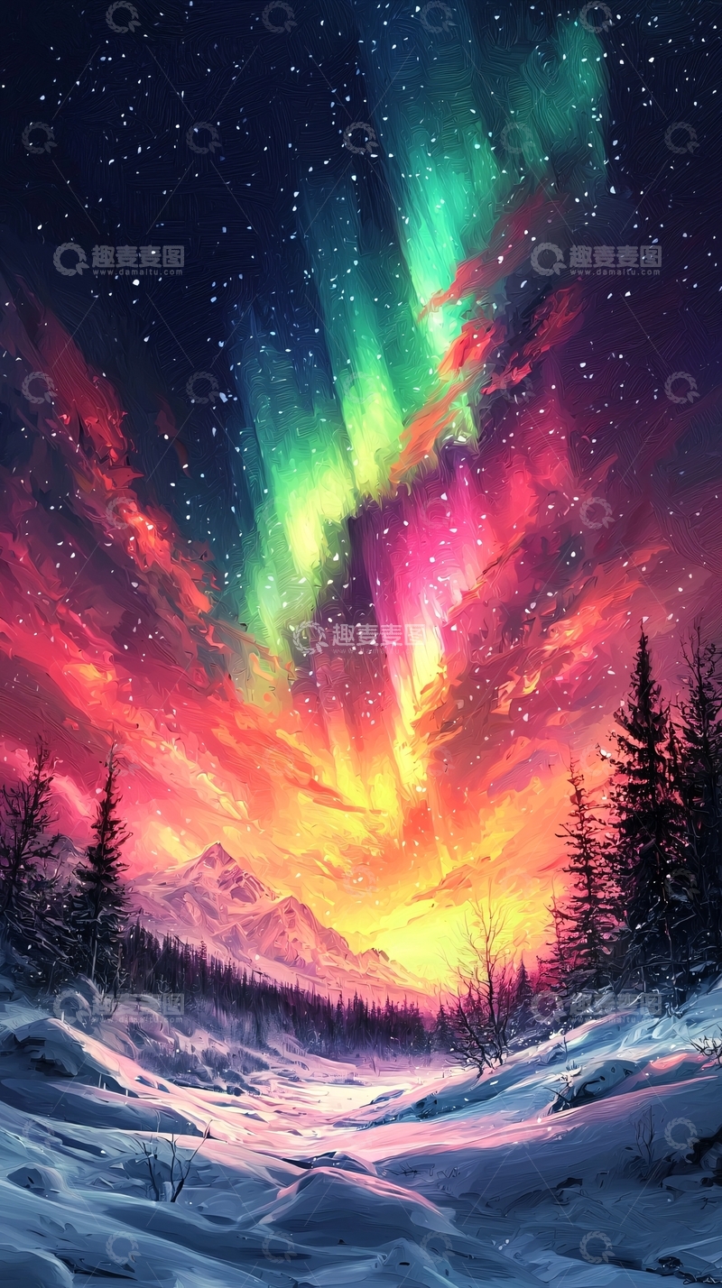 高清大图下载【趣麦麦图】绚丽极光下的冬日雪景