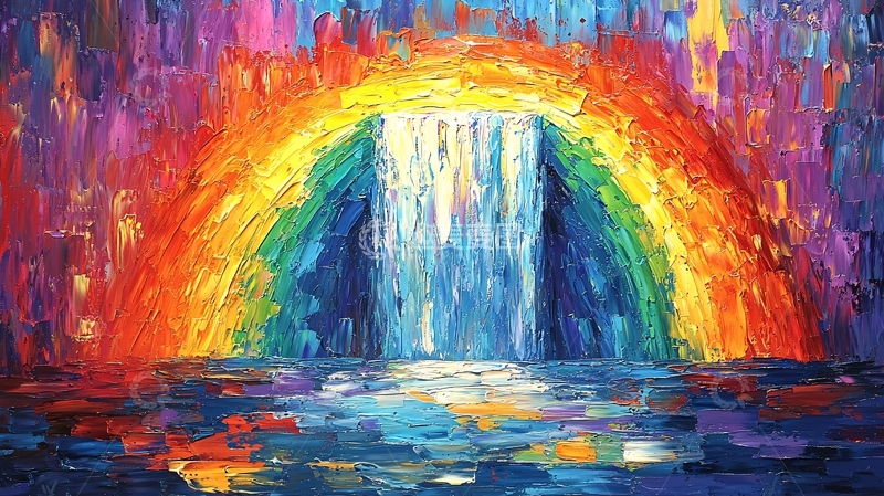 高清大图下载【趣麦麦图】彩虹瀑布油画