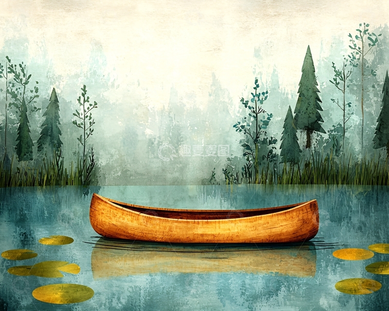 高清大图下载【趣麦麦图】雾气森林湖泊独木舟