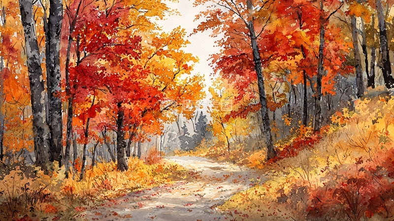高清大图下载【趣麦麦图】秋季落叶森林的风景画