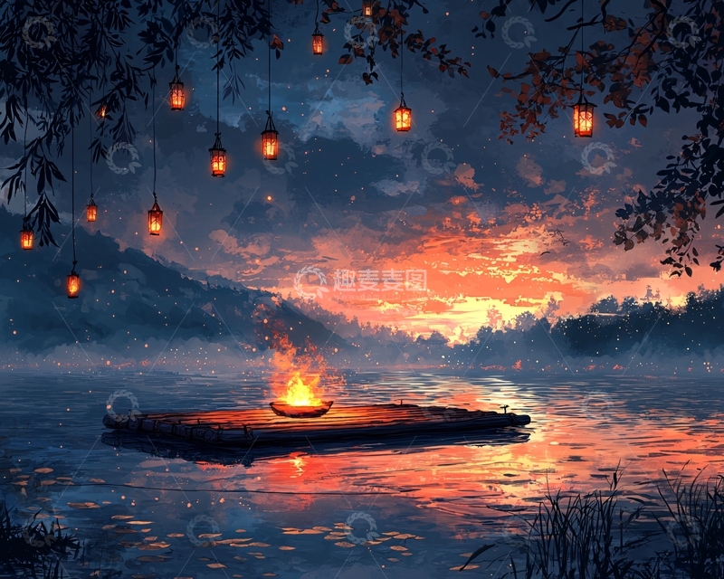 高清大图下载【趣麦麦图】湖边篝火