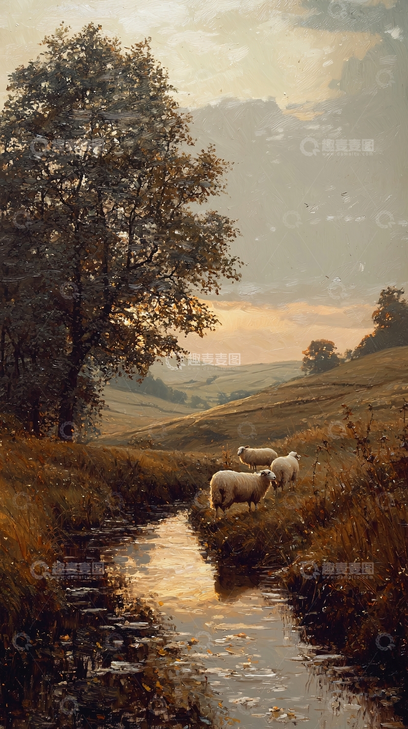 高清大图下载【趣麦麦图】傍晚田园小溪羊群