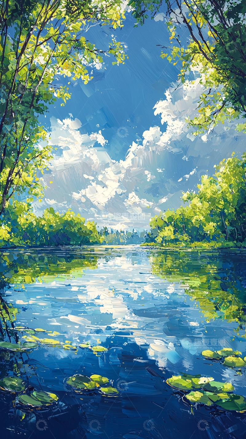 高清大图下载【趣麦麦图】树荫下的宁静河景