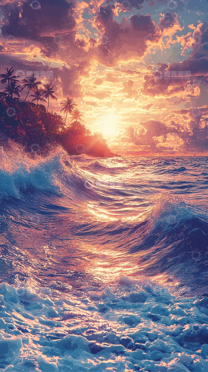 高清大图下载【趣麦麦图】海边日落椰树海浪