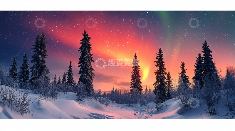 高清大图下载【趣麦麦图】极光下的雪松林