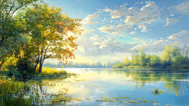 高清大图下载【趣麦麦图】阳光下的湖边树林