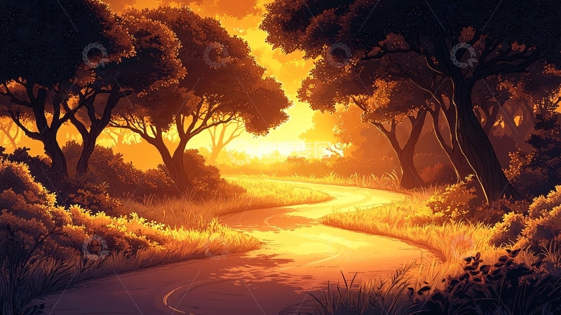 高清大图下载【趣麦麦图】夕阳西下森林小路
