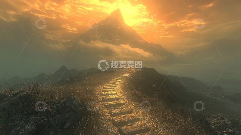 高清大图下载【趣麦麦图】金色阳光下的山峰之路