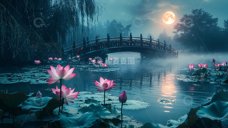 高清大图下载【趣麦麦图】月夜荷塘古桥