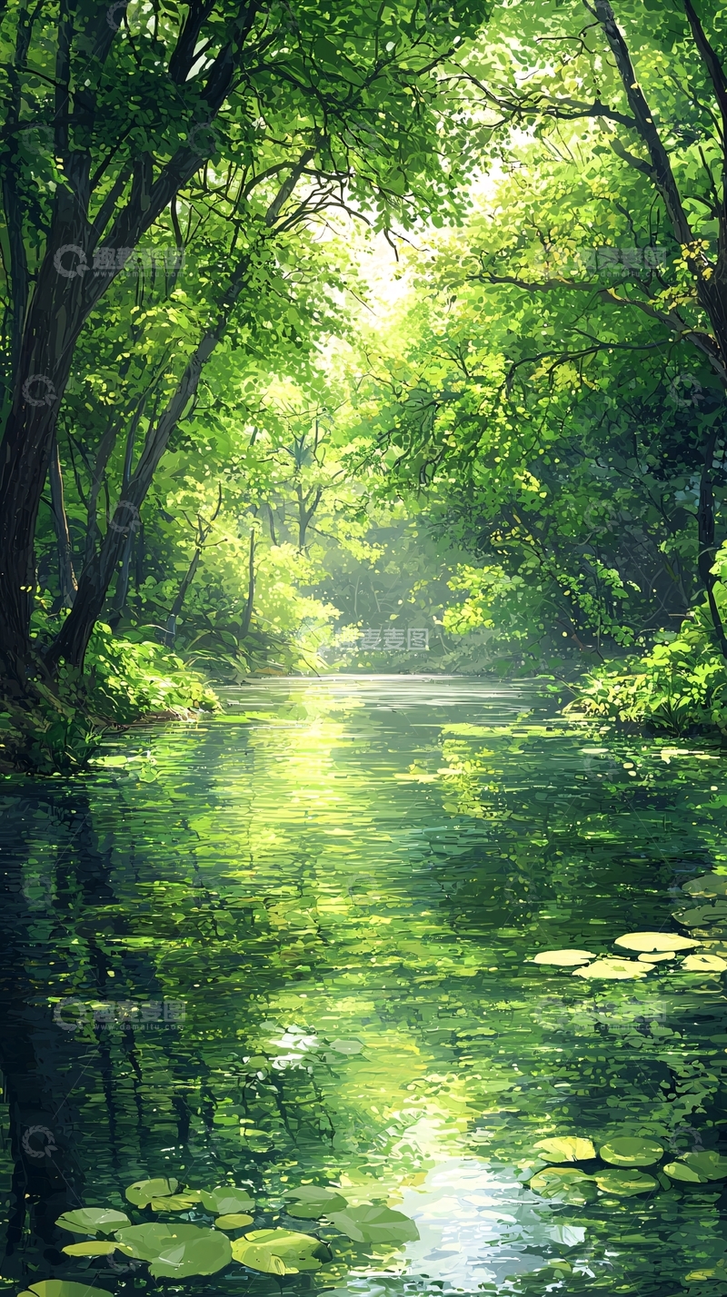 高清大图下载【趣麦麦图】绿树成荫的河边风景