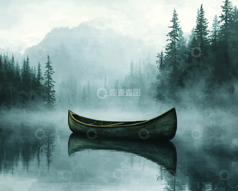 高清大图下载【趣麦麦图】雾气森林独木舟