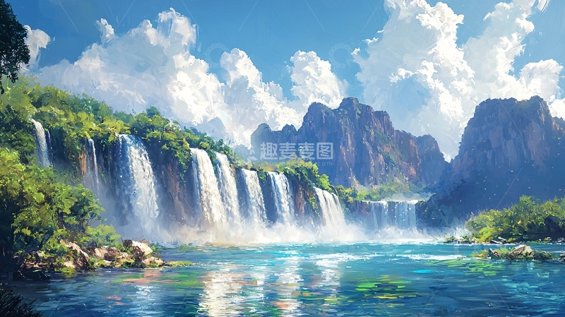 高清大图下载【趣麦麦图】梦幻般瀑布山峦景色