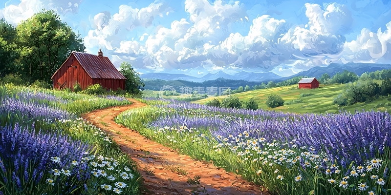 高清大图下载【趣麦麦图】薰衣草田间的红色小屋