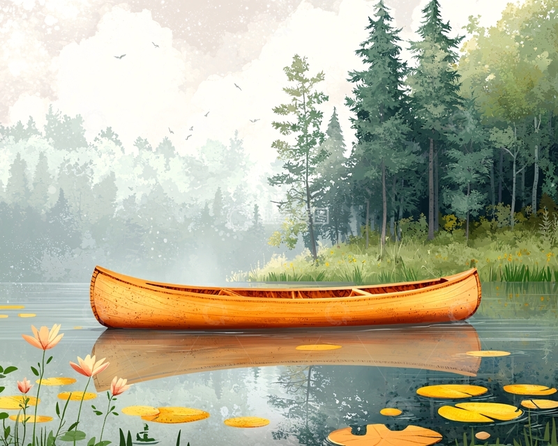 高清大图下载【趣麦麦图】静谧湖泊上的独木舟