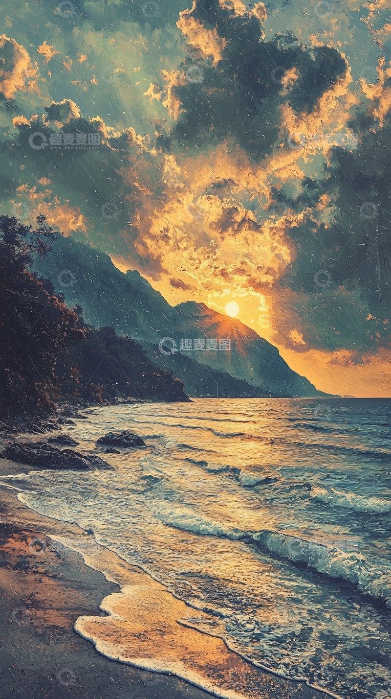 高清大图下载【趣麦麦图】落日余晖下的海边山峦