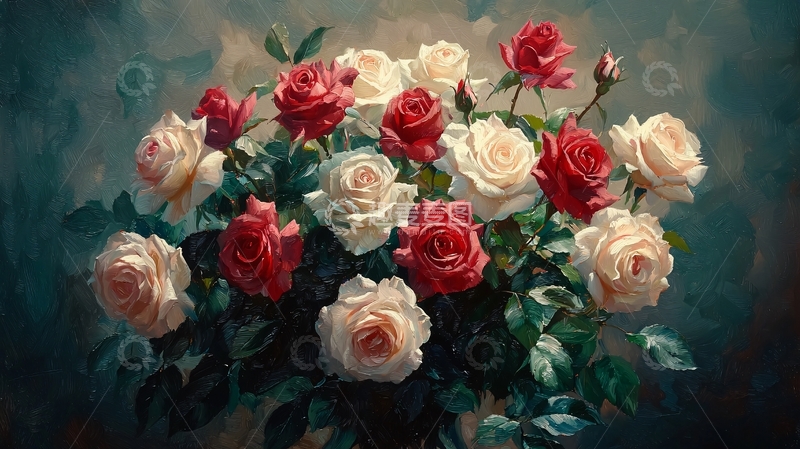高清大图下载【趣麦麦图】红白玫瑰花束油画