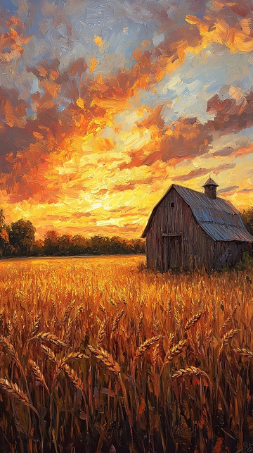 夕阳下麦田里的老木屋