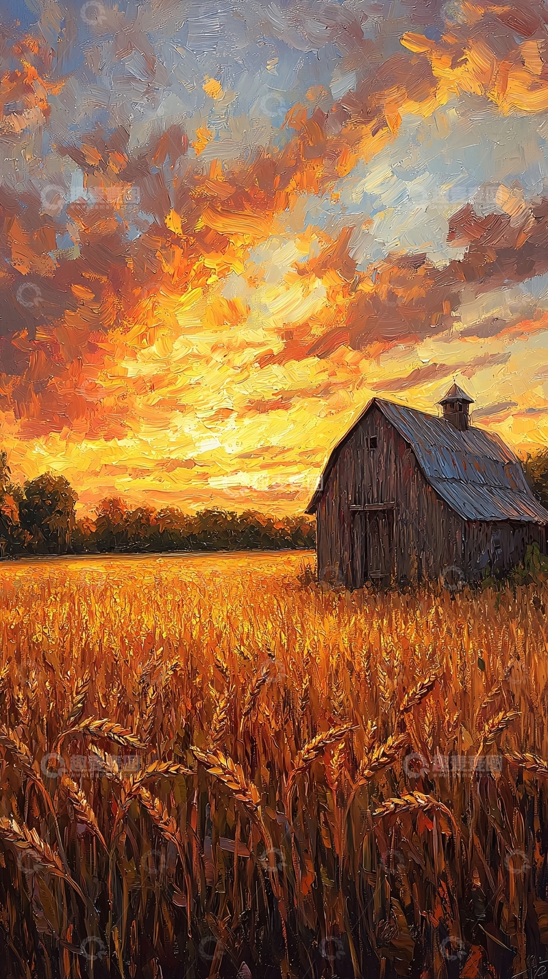 高清大图下载【趣麦麦图】夕阳下麦田里的老木屋