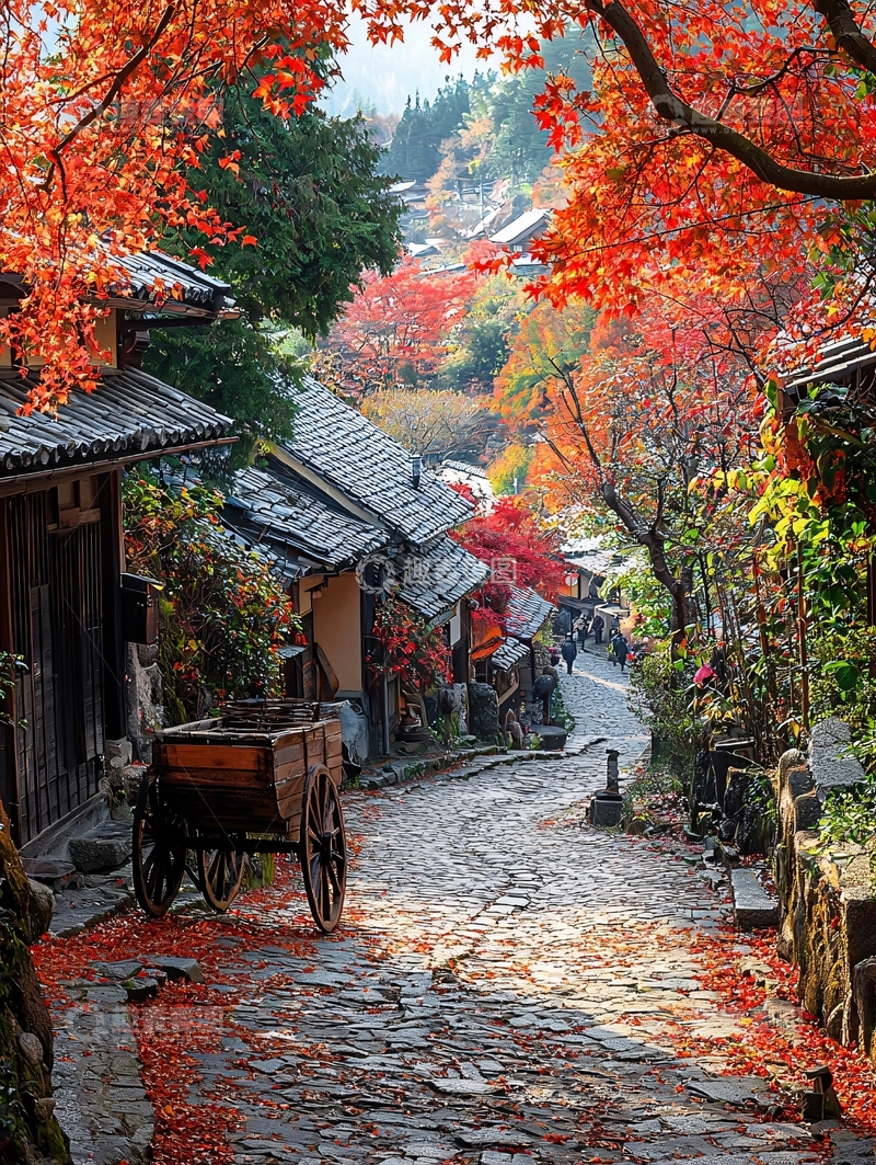 高清大图下载【趣麦麦图】秋日枫叶古镇街道