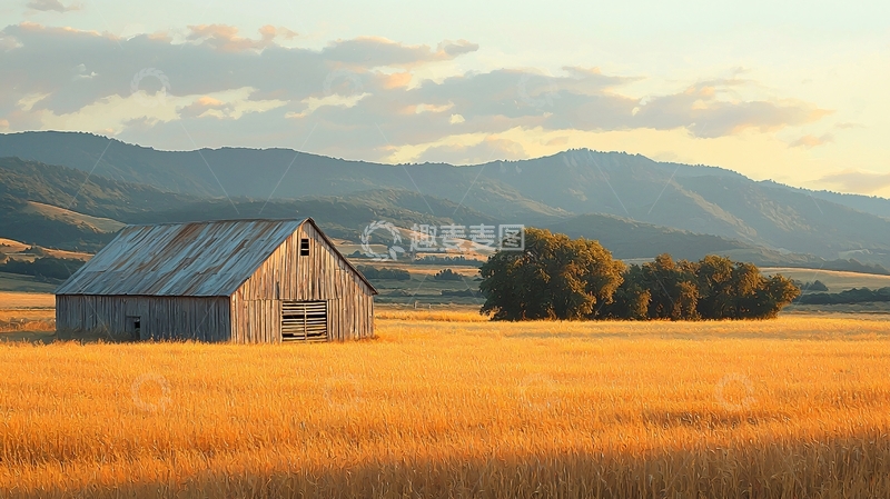 高清大图下载【趣麦麦图】夕阳下的古老谷仓与麦田