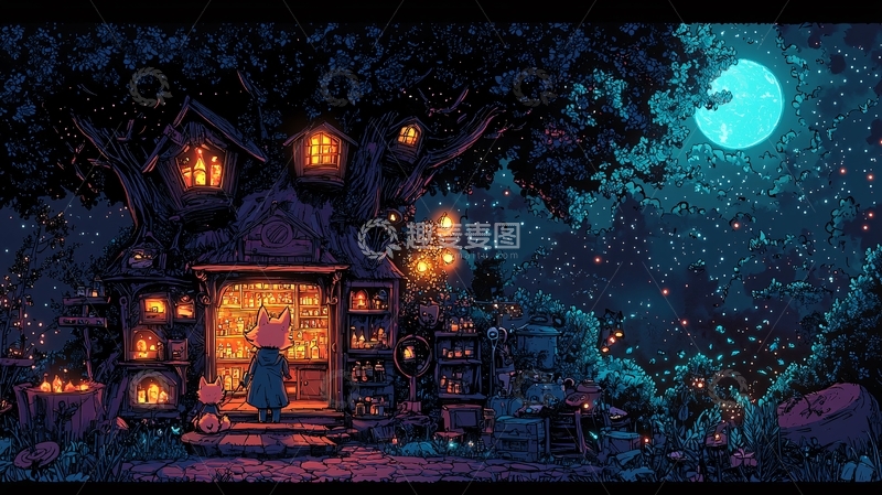 高清大图下载【趣麦麦图】夜晚树屋