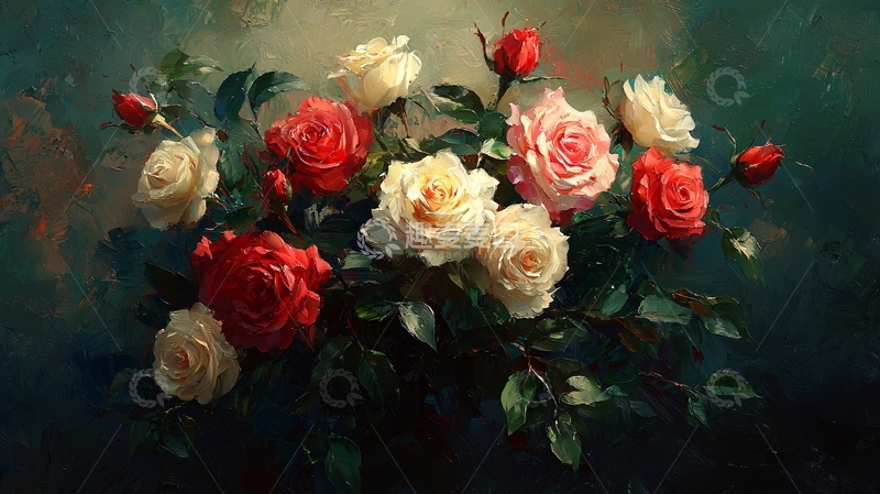 高清大图下载【趣麦麦图】红白玫瑰静物油画
