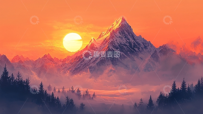 高清大图下载【趣麦麦图】日出雪山雾气森林