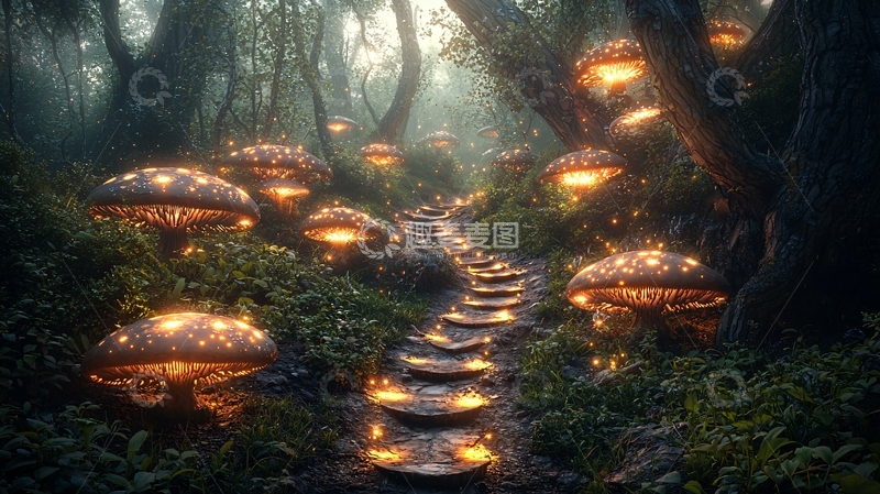 高清大图下载【趣麦麦图】发光蘑菇森林小路