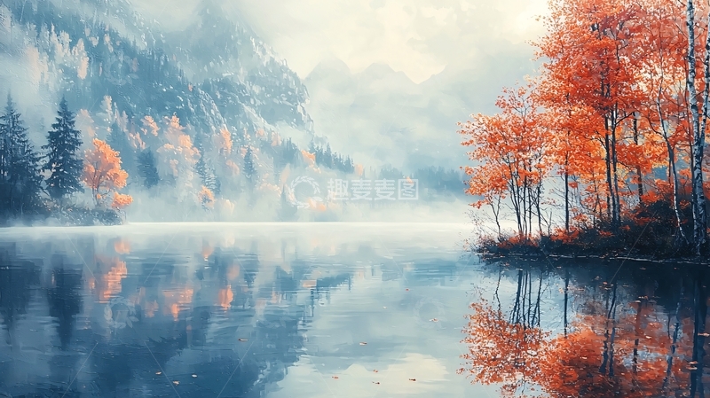高清大图下载【趣麦麦图】秋日雾霭山湖倒影