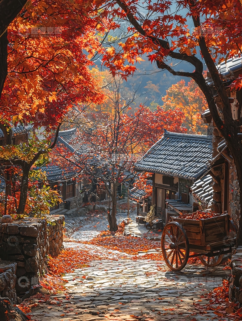 高清大图下载【趣麦麦图】秋日韩式村庄红叶
