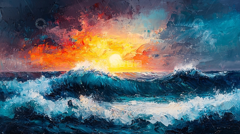 高清大图下载【趣麦麦图】风暴来临前的海浪日落
