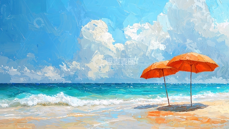 高清大图下载【趣麦麦图】海滩上的两把橙色遮阳伞