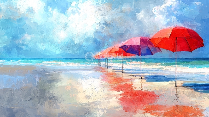 高清大图下载【趣麦麦图】海滩上的彩色遮阳伞
