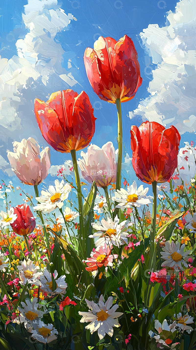 高清大图下载【趣麦麦图】阳光下盛开的郁金香和雏菊