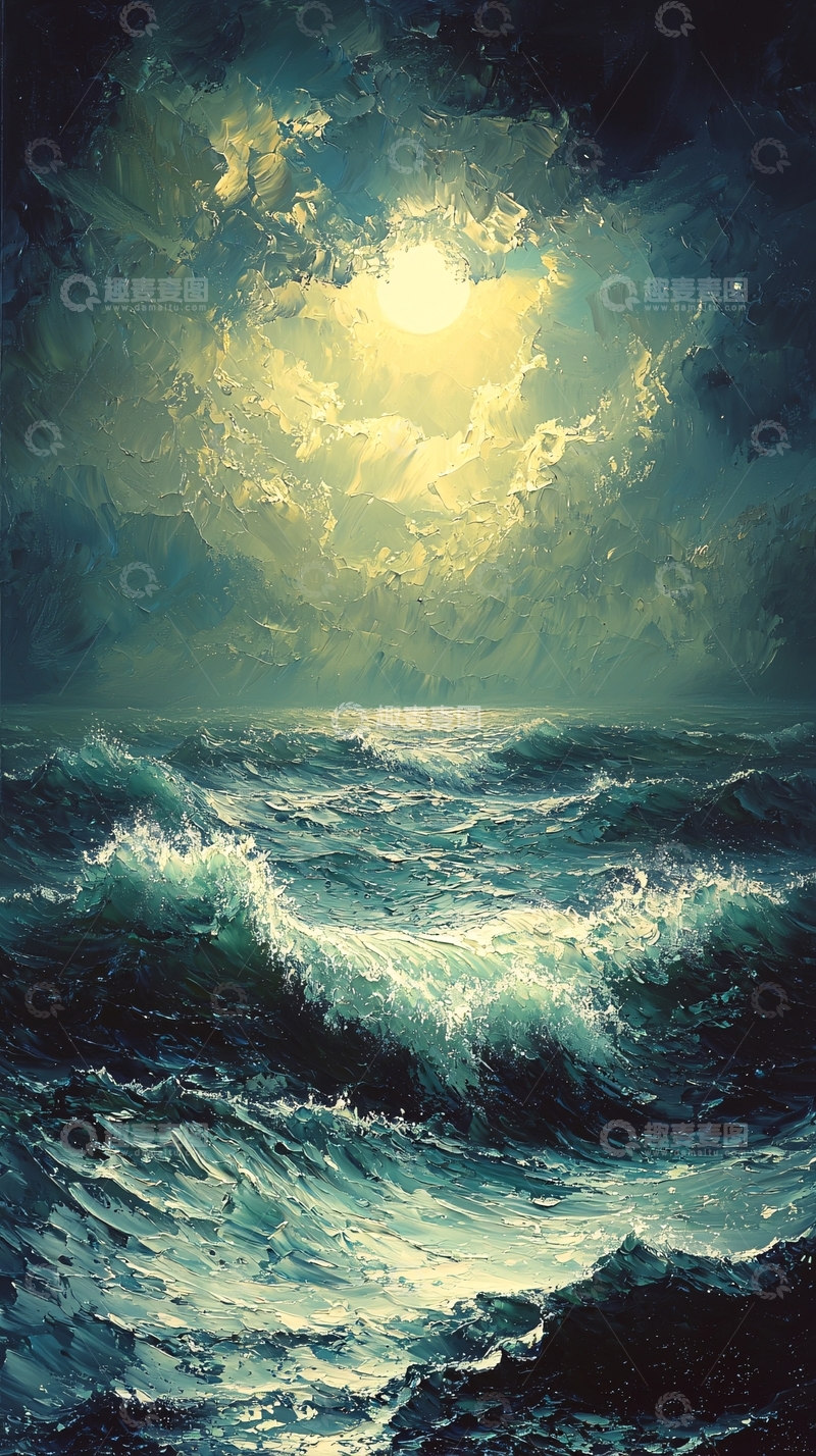 高清大图下载【趣麦麦图】月光下的波涛汹涌大海