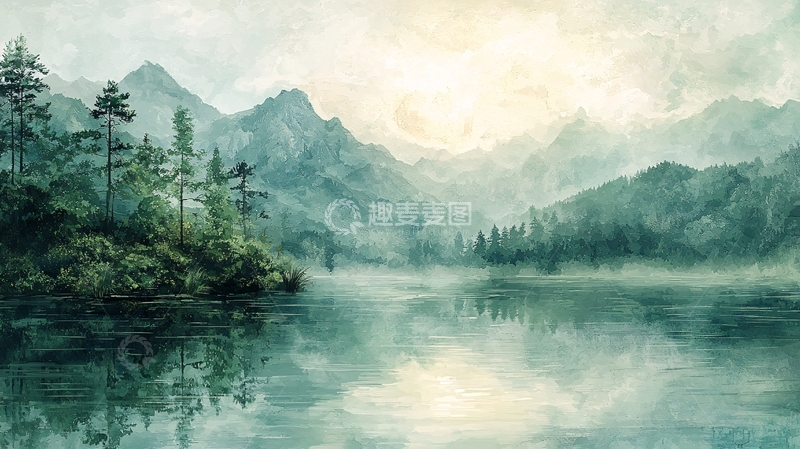 高清大图下载【趣麦麦图】雾气朦胧山湖景色