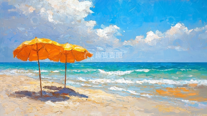 高清大图下载【趣麦麦图】海滩上的两把橙色遮阳伞