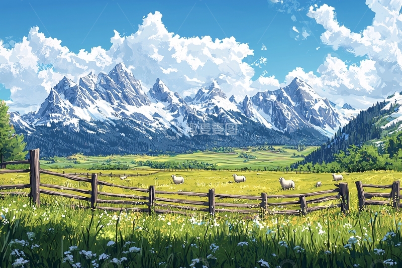 高清大图下载【趣麦麦图】开阔的田野雪山蓝天白云