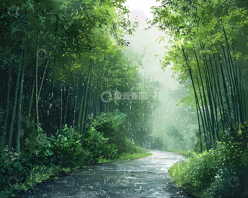 高清大图下载【趣麦麦图】雨中竹林小路