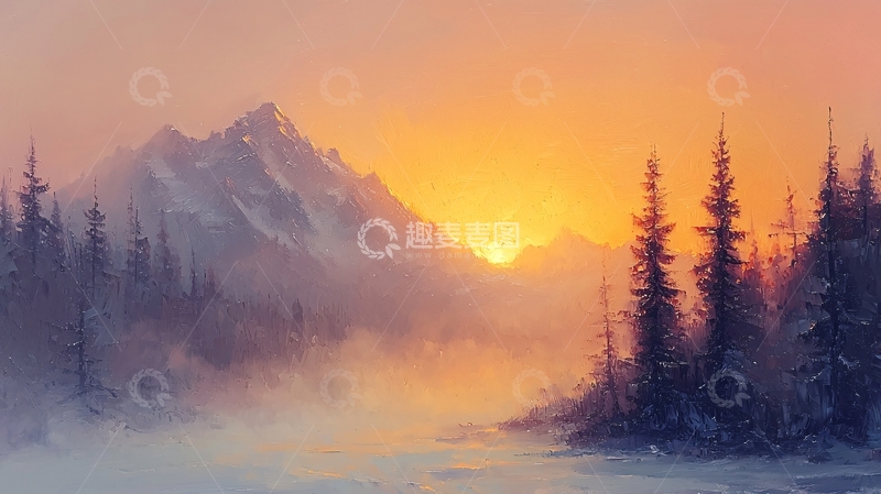 高清大图下载【趣麦麦图】日出雪山雾气森林