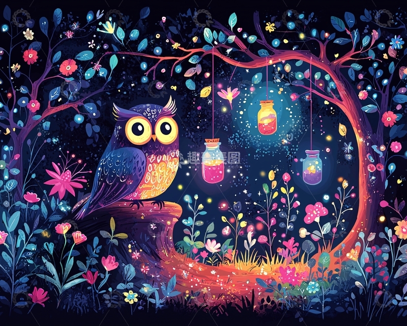 高清大图下载【趣麦麦图】星空树林里的猫头鹰