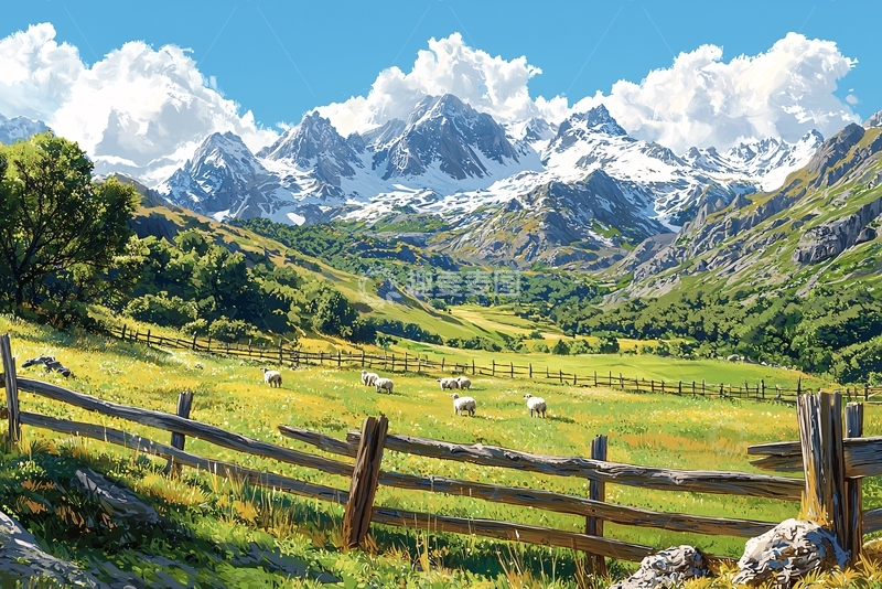 高清大图下载【趣麦麦图】雪山牧场风景