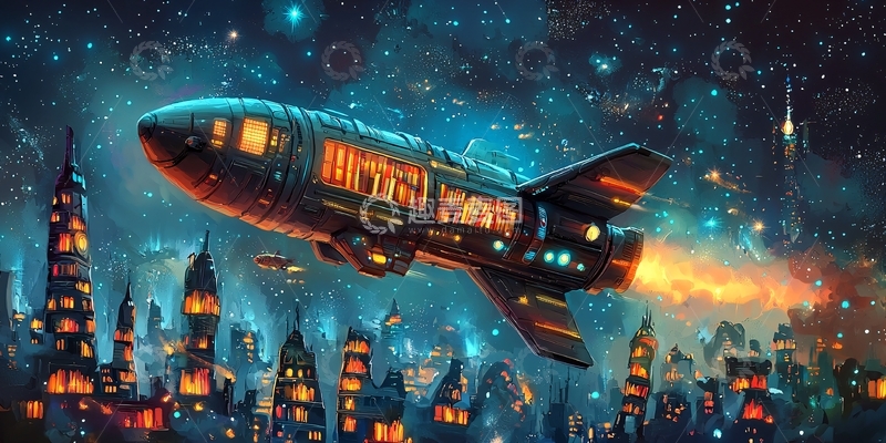 高清大图下载【趣麦麦图】飞船飞越奇幻城市