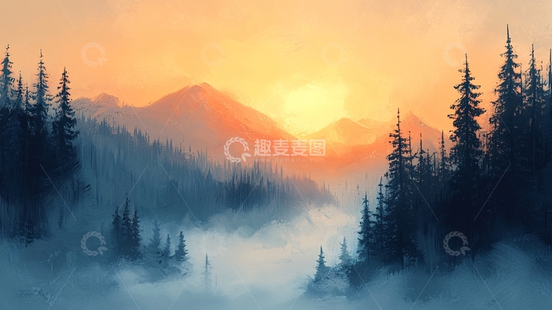高清大图下载【趣麦麦图】山脉日出雾气森林