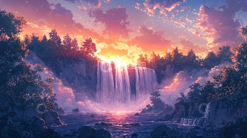 高清大图下载【趣麦麦图】梦幻般日落瀑布