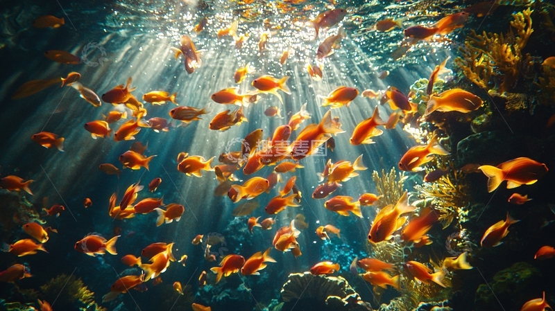 高清大图下载【趣麦麦图】阳光下成群的金鱼