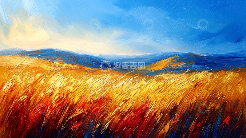 高清大图下载【趣麦麦图】金色麦田山峦风景画