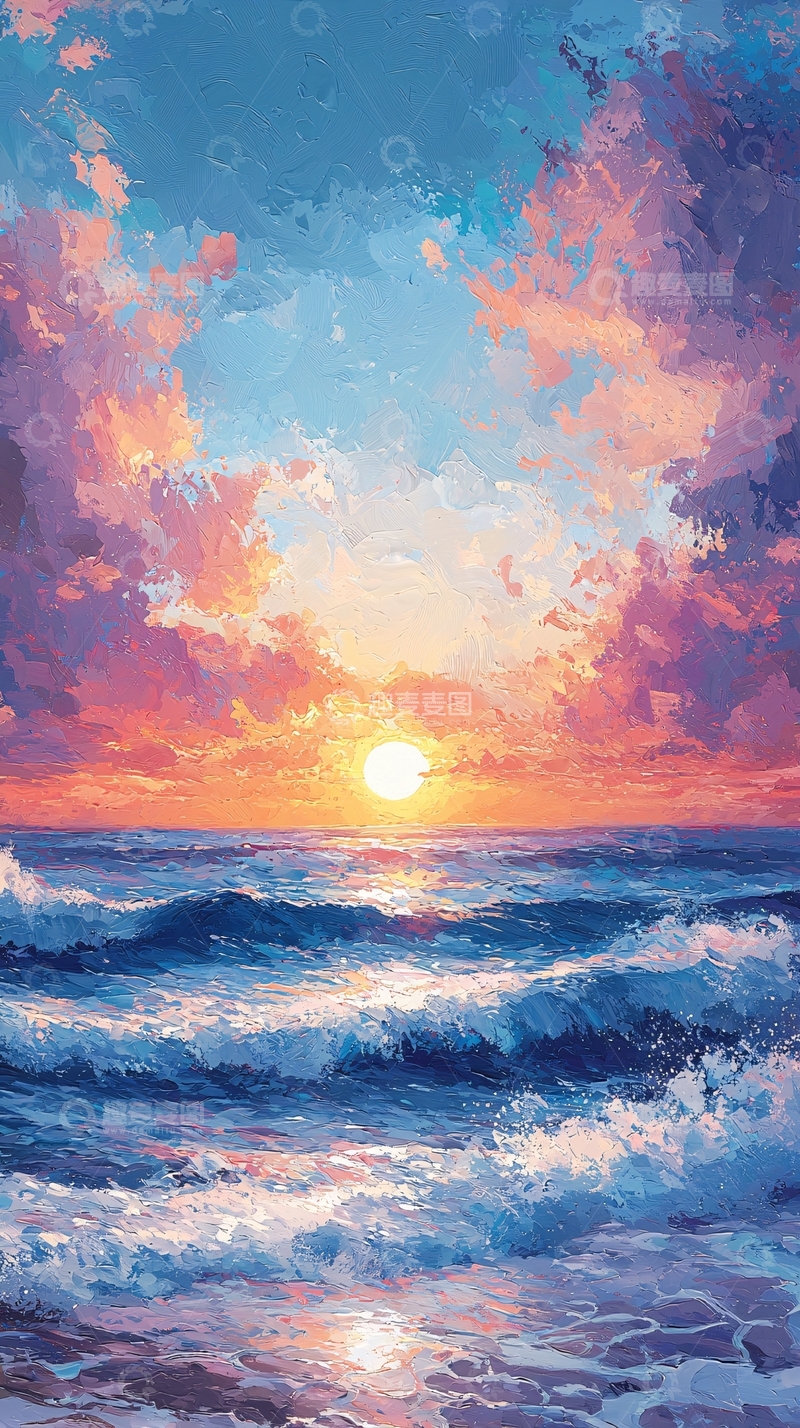 高清大图下载【趣麦麦图】海边日落水彩画
