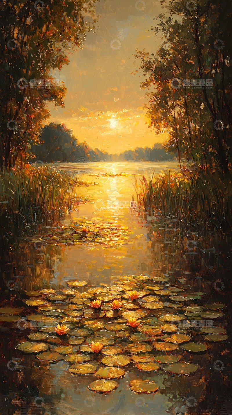 高清大图下载【趣麦麦图】日落湖景黄昏水莲花